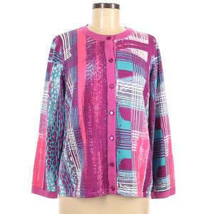 New Bob Mackie Wearable Art Medium Abstract Print Cardigan Sweater Fuchsia Blue